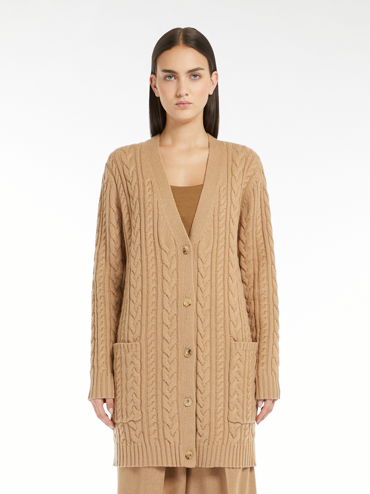 美品✨45R ケーブルニット　ウール　カーディガンコート　大きいサイズ　ベージュ ウール カシミヤ ケーブルニット カーディガン｜Intrend (イントレンド